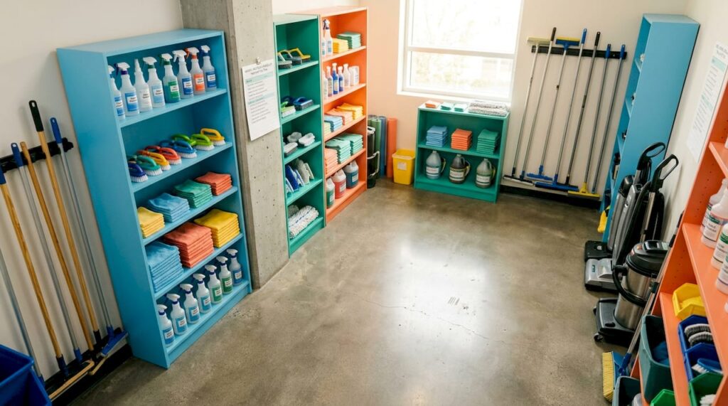 Professional cleaning tools arranged on shelves