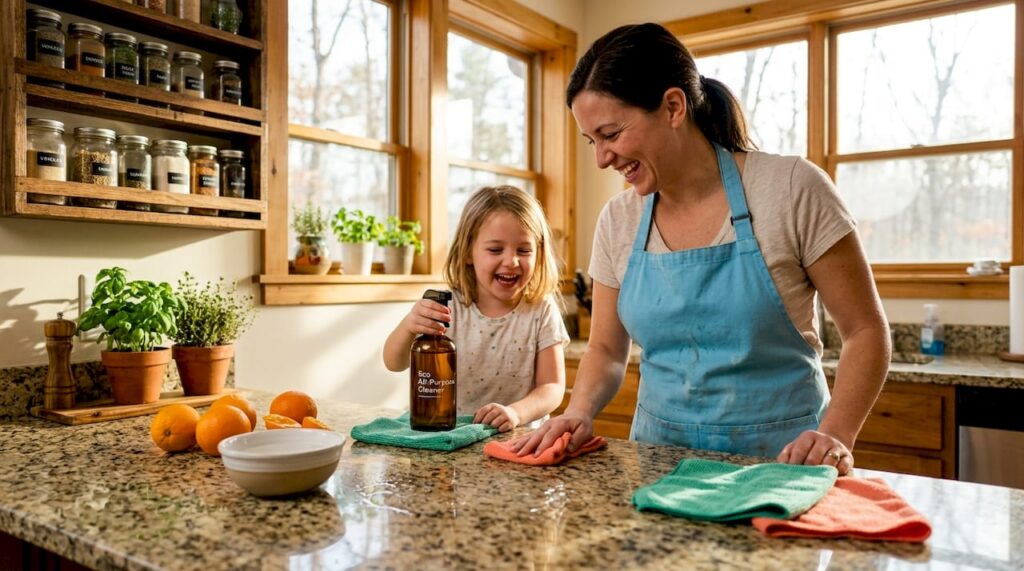 Family cleaning kitchen with eco-friendly products