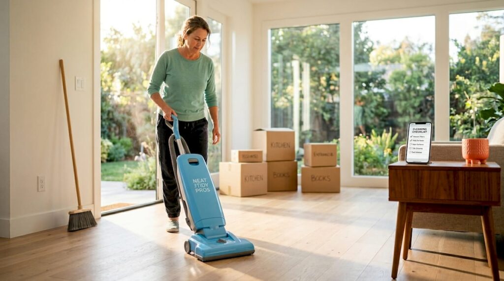 Woman vacuuming dust in new California home