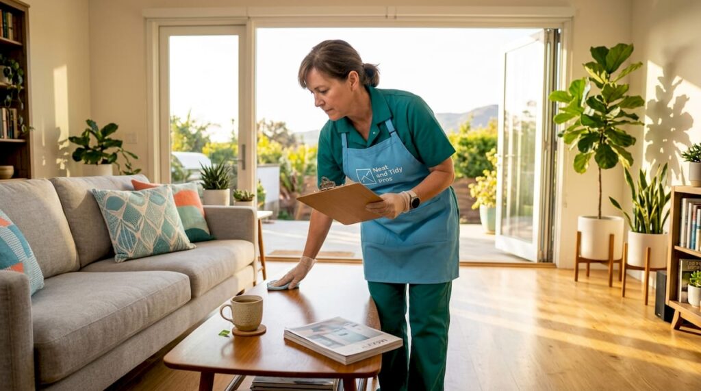Cleaner inspecting bright California rental living room