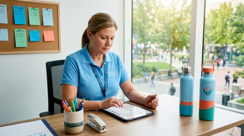 Cleaning supervisor managing schedules in office