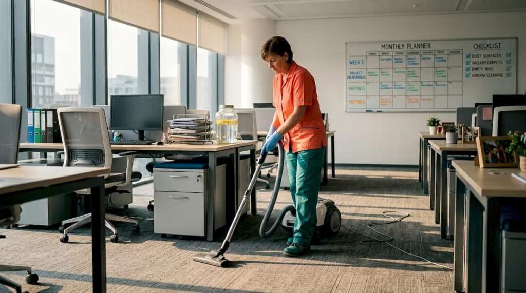 Cleaner vacuuming corporate office floor