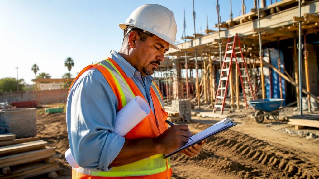 Construction manager reviewing cleaning checklist outdoors