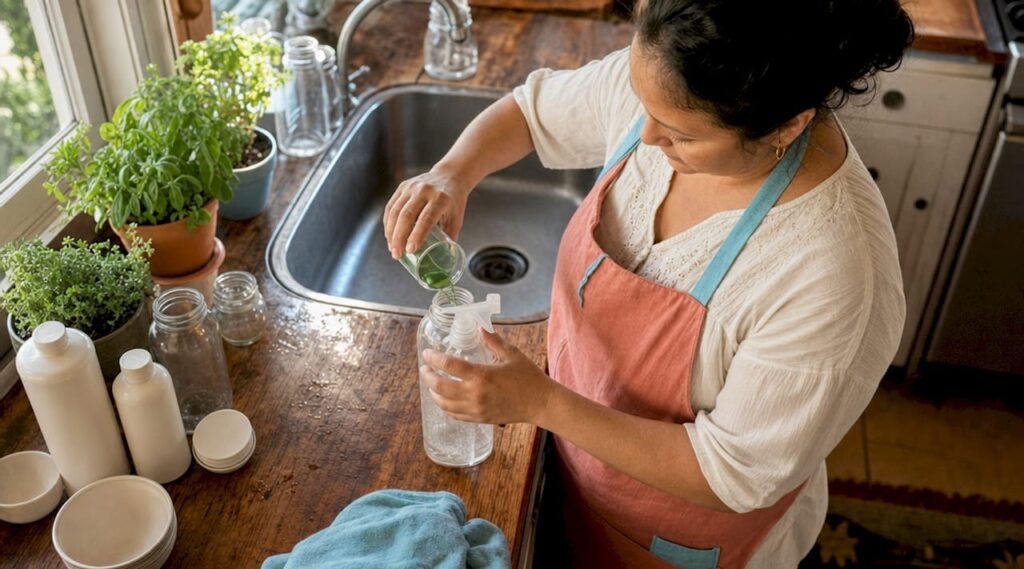 Woman mixing eco-friendly cleaning solution in kitchen