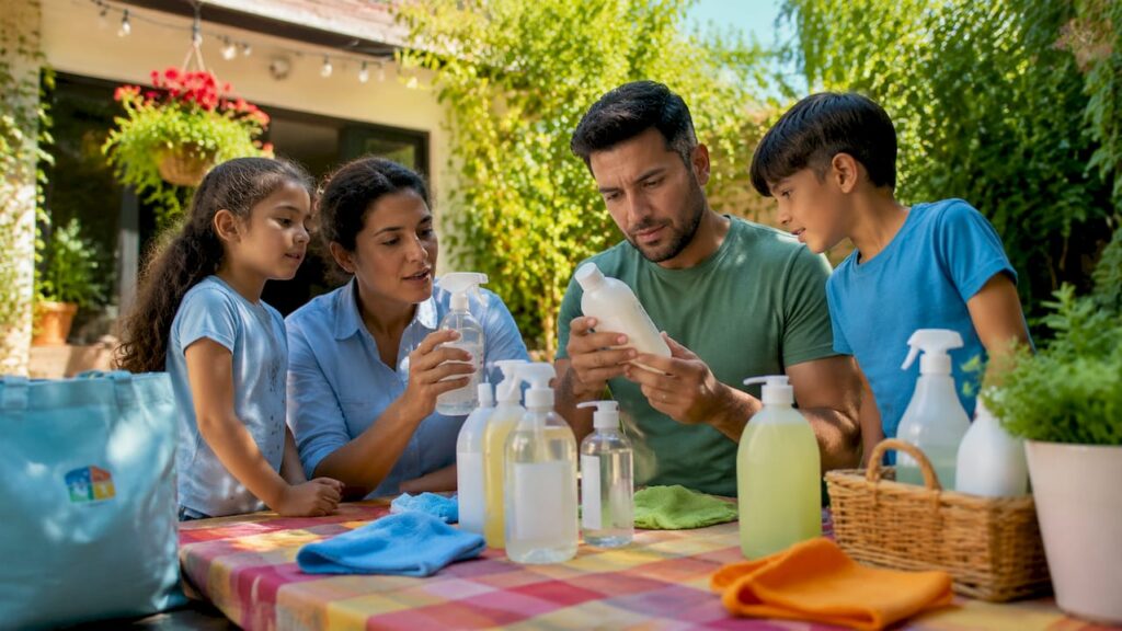 Family examining safe home cleaning products