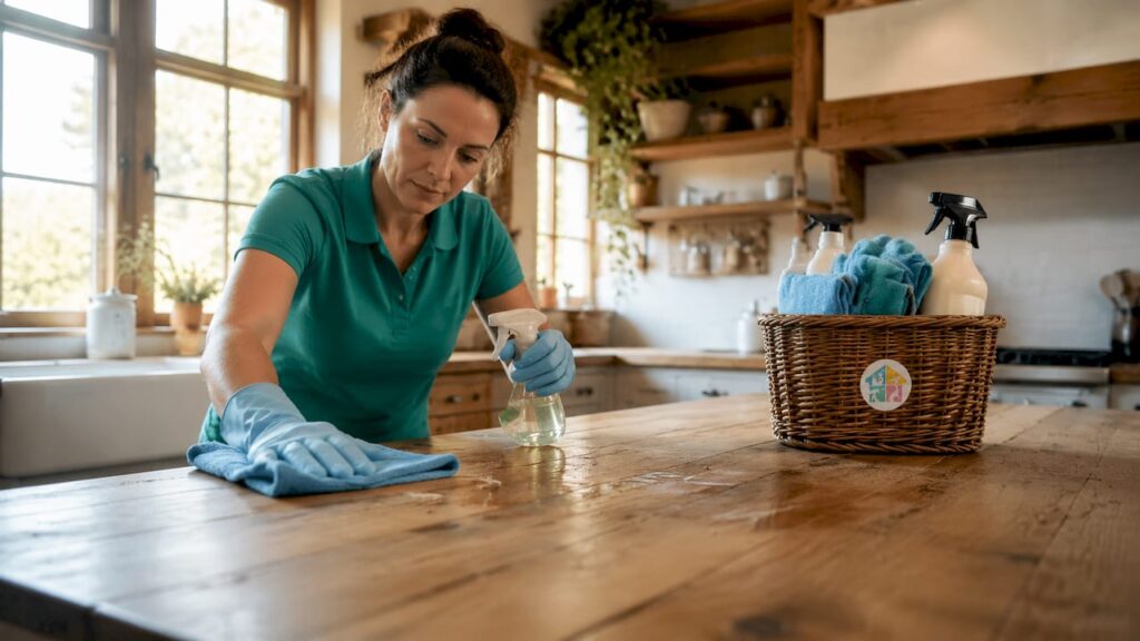 Professional cleaner deep cleaning kitchen countertop