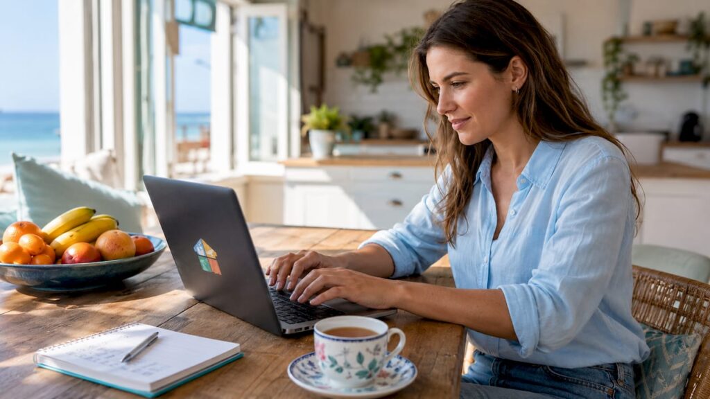 Woman booking same day cleaning on laptop at kitchen table