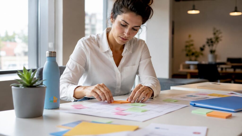 Woman scheduling cleaning appointments at office desk