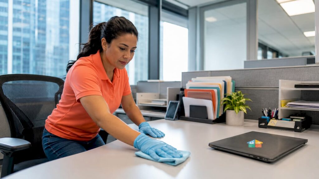Woman cleaning office cubicle desk surface