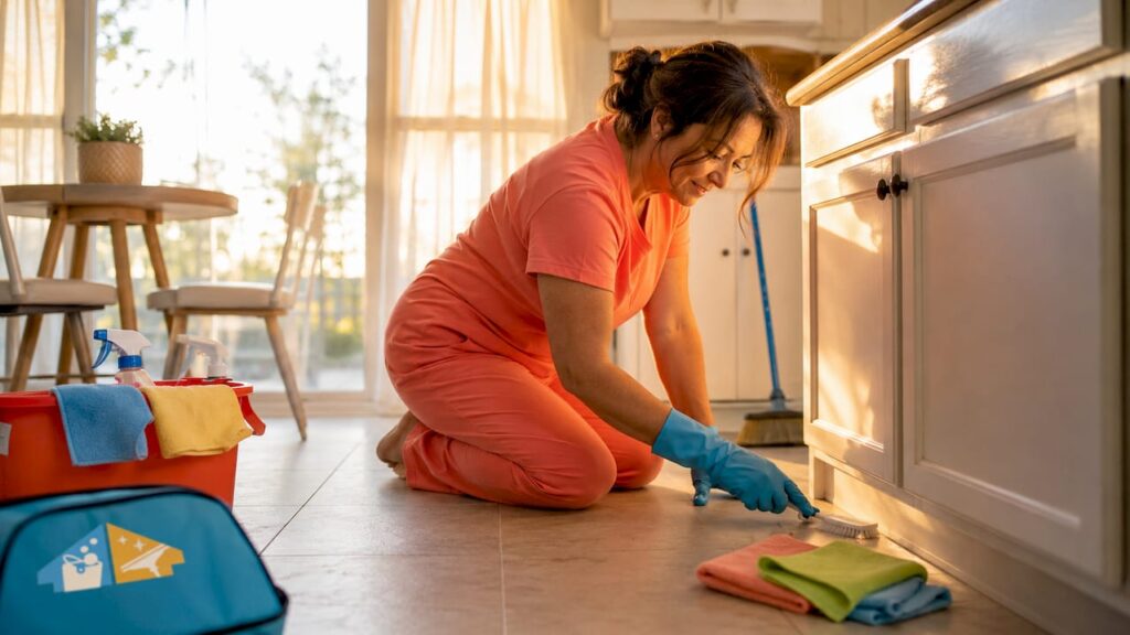 Woman scrubbing baseboard in living room