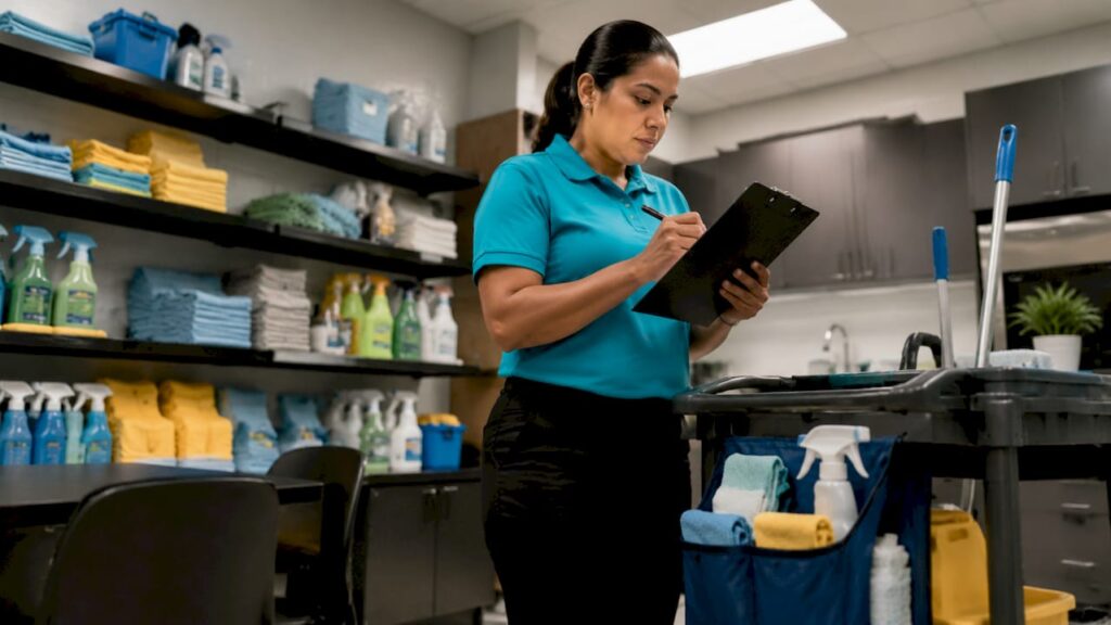 Janitorial supervisor inspecting cleaning cart