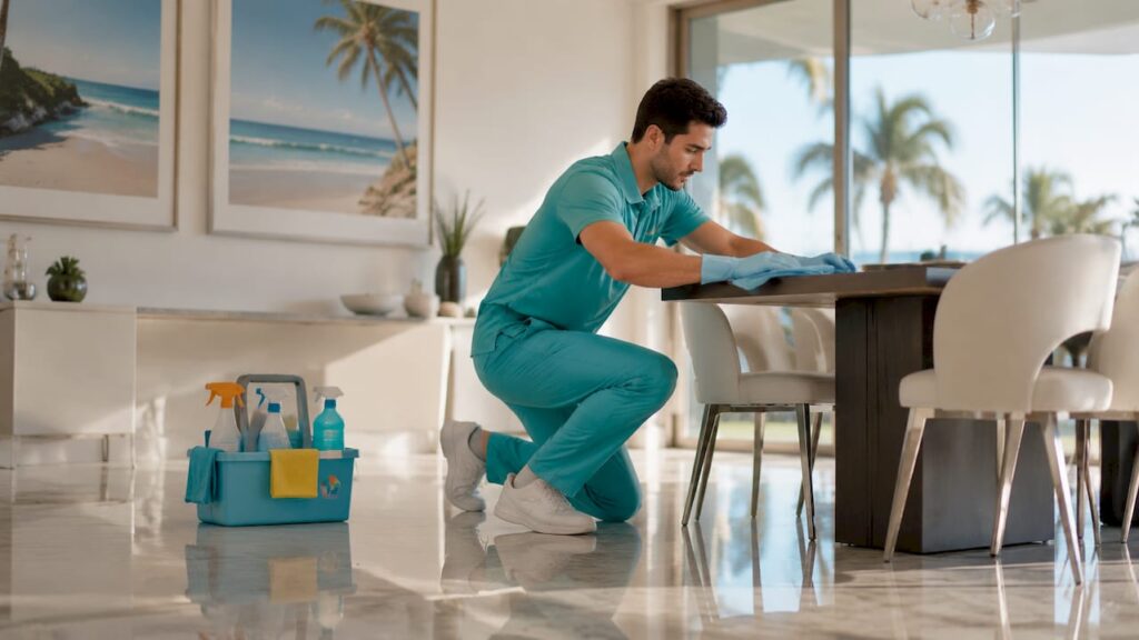 Professional cleaner wiping table in bright home