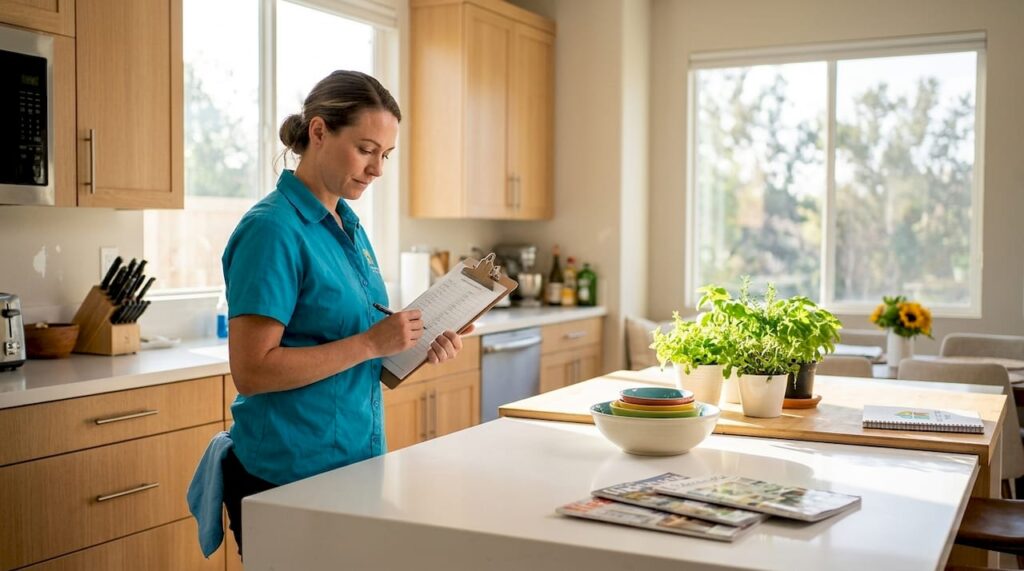 Professional cleaner preparing in Orange County home
