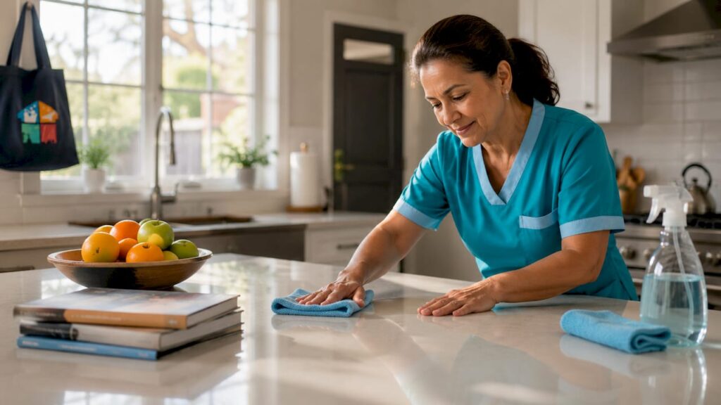 Woman wiping kitchen counter while cleaning