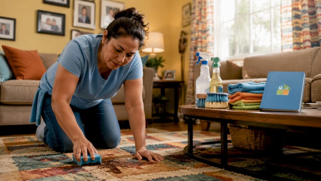 Homeowner deep cleaning a carpet spot