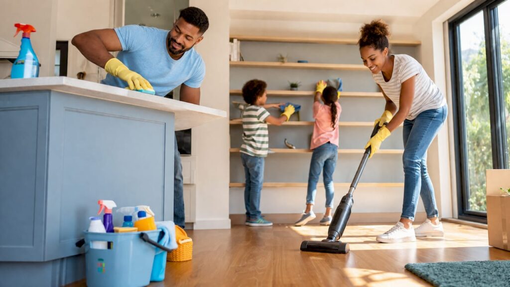 Family cleaning new home before moving in