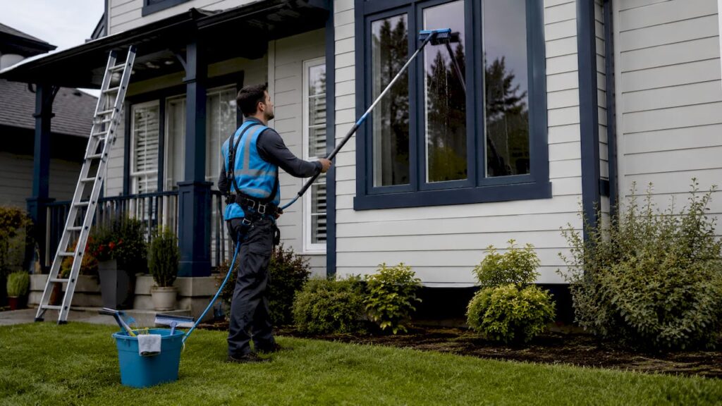 Window cleaner washing residential home windows outdoors