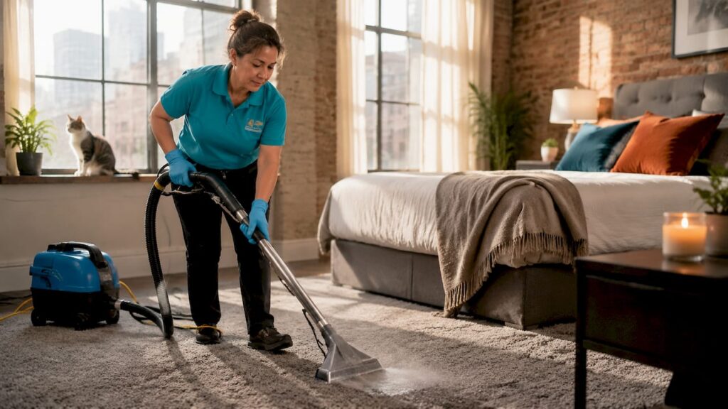 Professional cleaning carpet in home living room