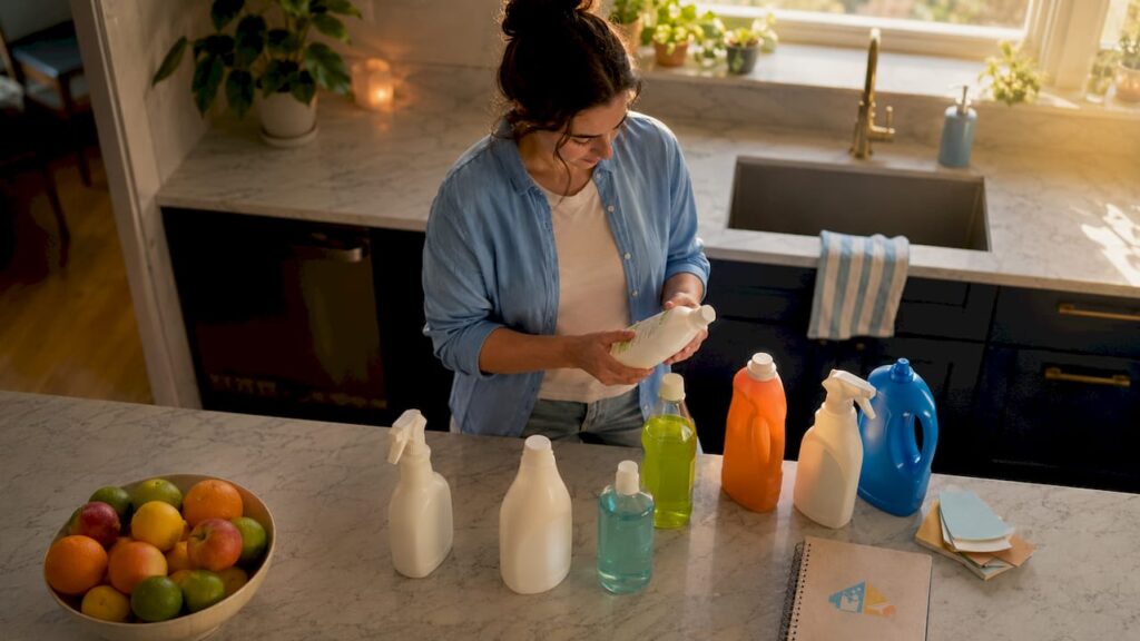 Mother reading labels on cleaning products