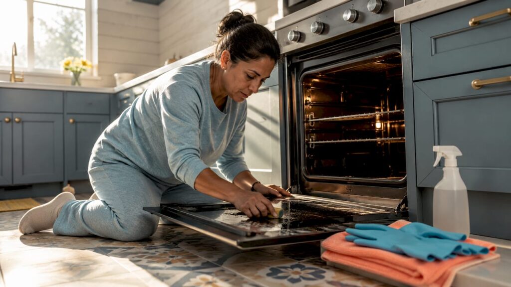 Woman wiping interior of oven in kitchen