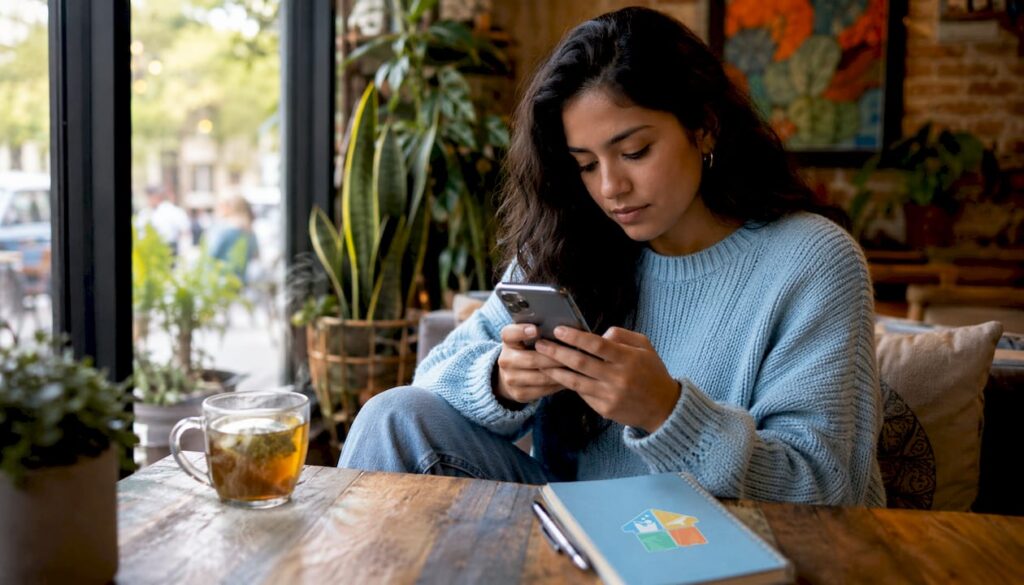 Woman using cleaning service app at kitchen table