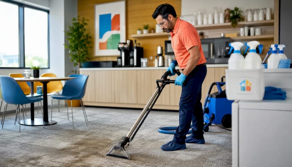 Technician steam cleaning office carpet