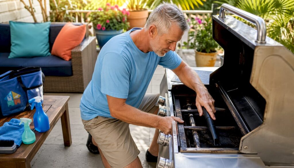 Man vacuuming refrigerator condenser coils