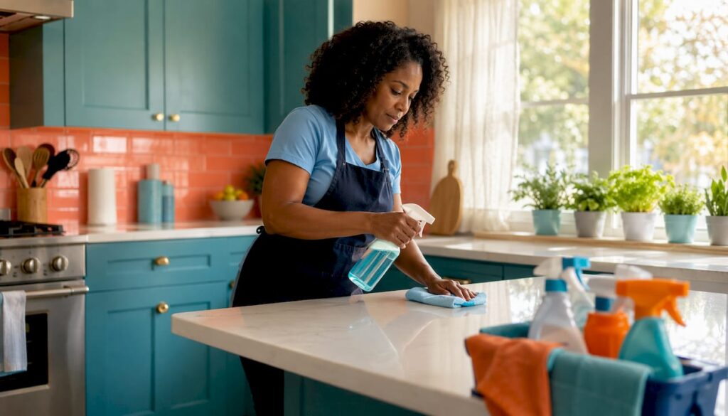 Woman deep cleaning living room table