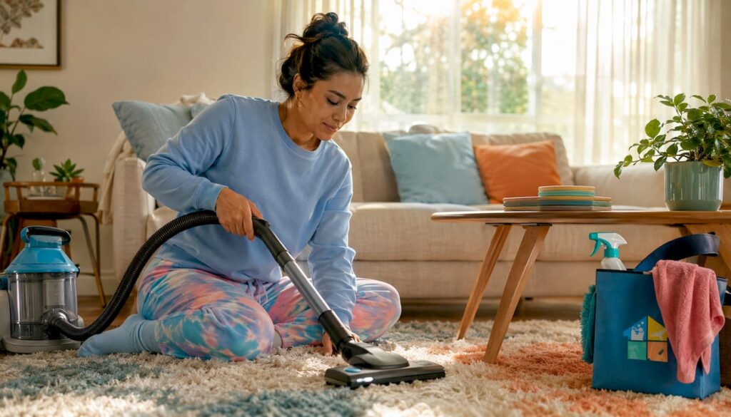 Woman vacuuming carpet to reduce allergens