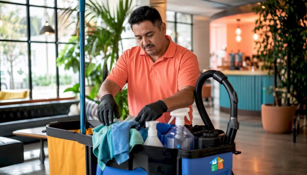 Facility cleaner preparing cleaning cart in commercial lobby