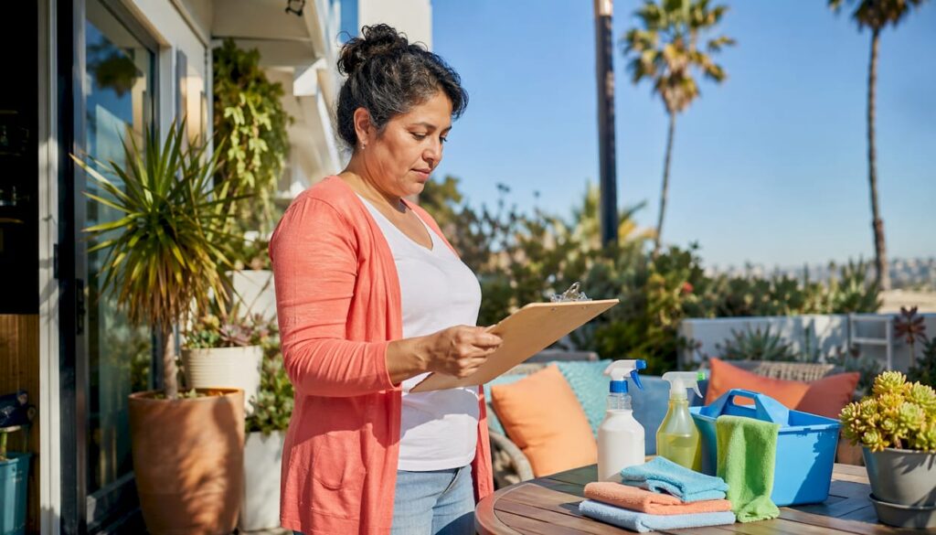 Host reviewing Airbnb turnover checklist in living room