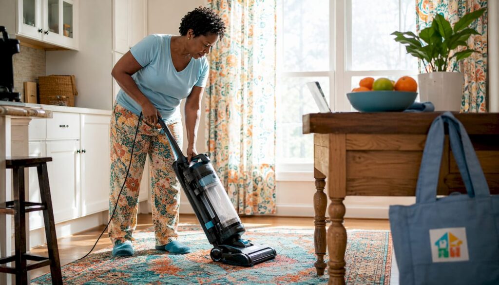 Woman vacuuming carpet in bright living room