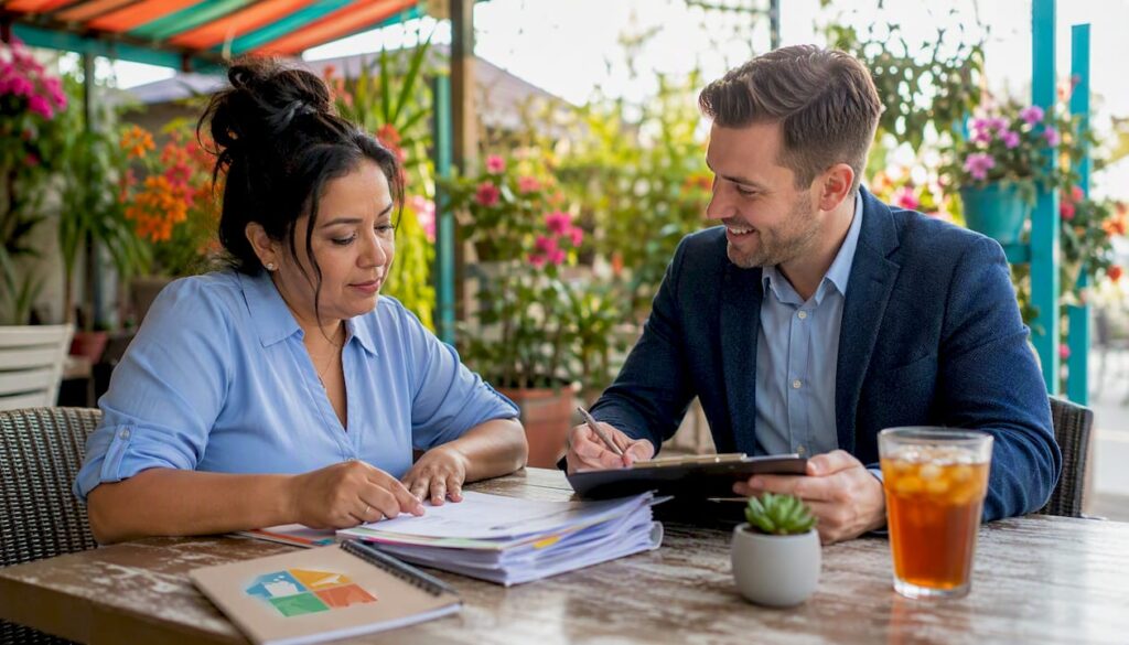Homeowner consulting housekeeping agency representative