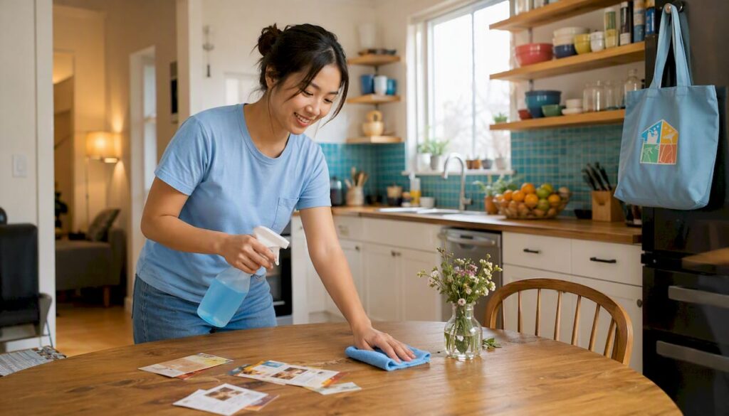 Woman cleaning living room surface