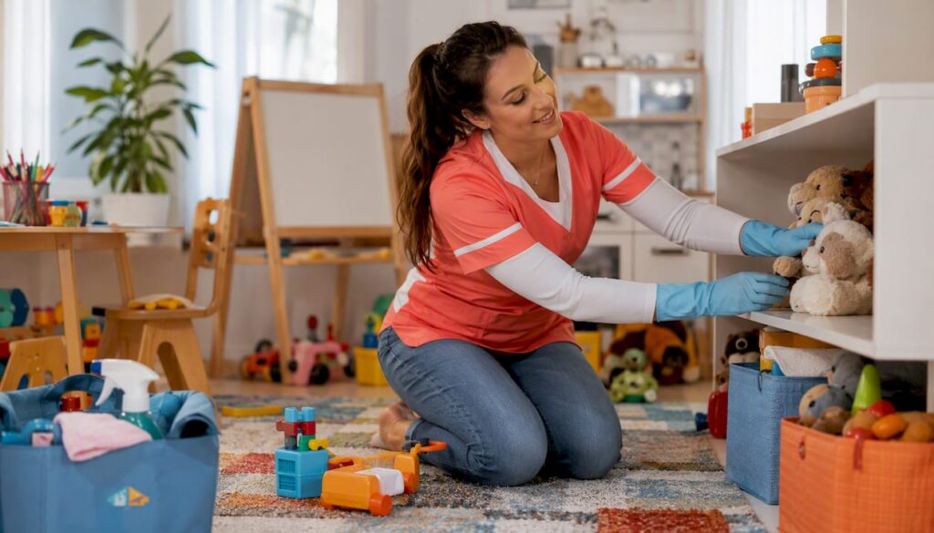 Professional woman vacuuming home living room