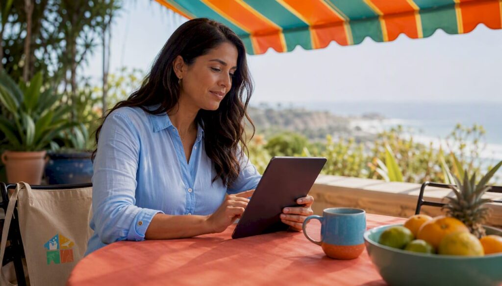 Woman booking cleaning service on phone at home