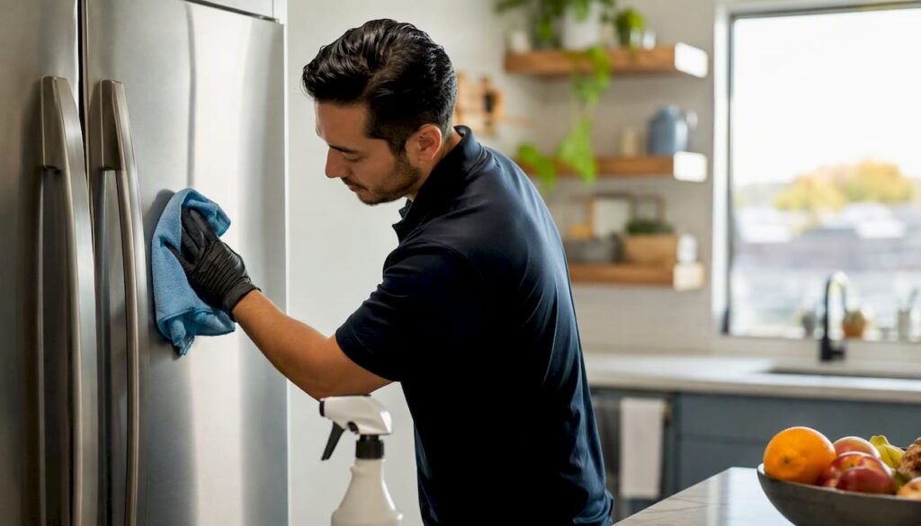 Technician cleaning stainless steel refrigerator door