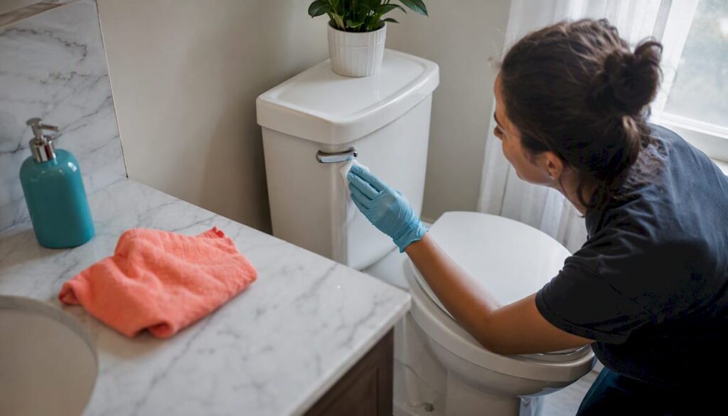Hand scrubbing toilet rim and flush handle