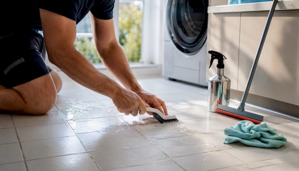 Hands scrubbing bathroom tile grout with brush