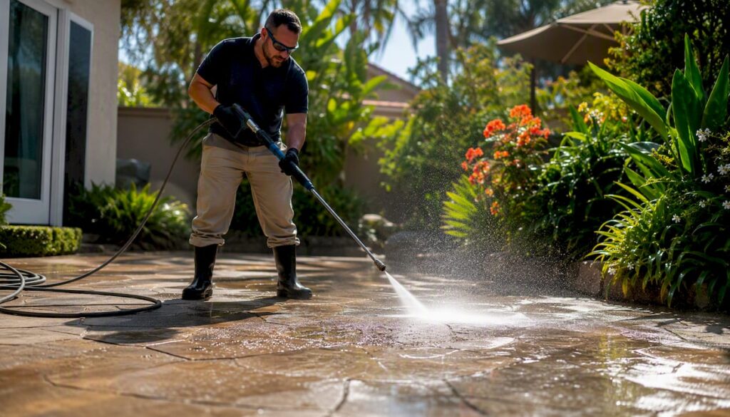 Professional pressure washing concrete driveway