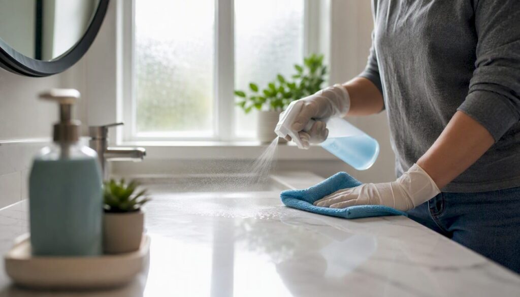 Gloved hand spraying countertop disinfectant