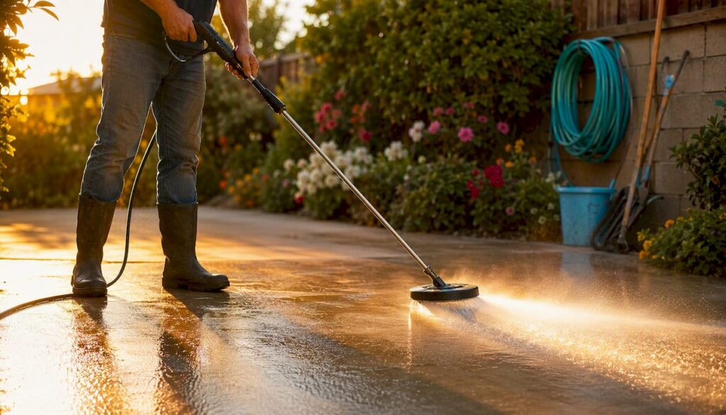 Pressure washing concrete driveway outdoors