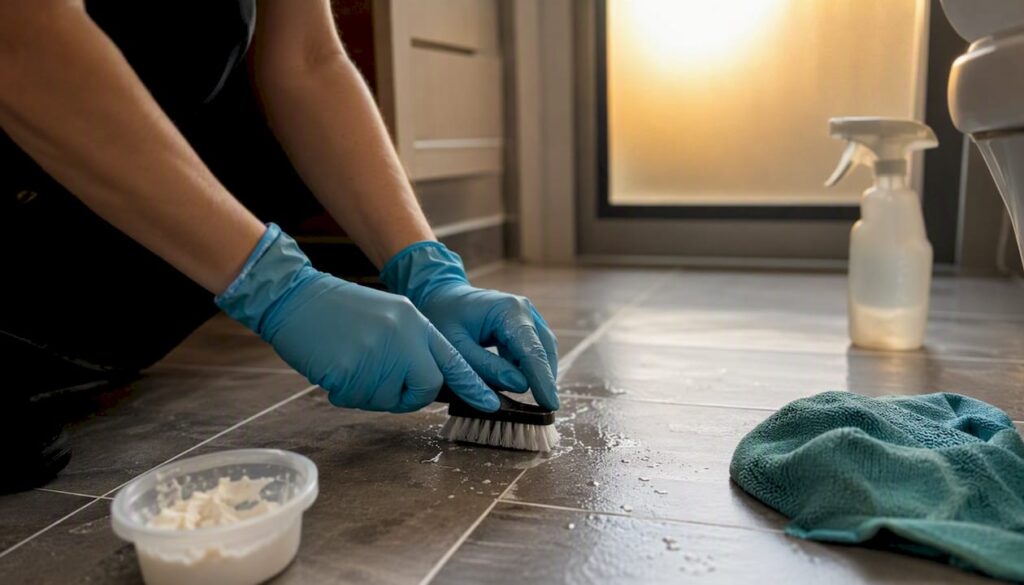 Hands scrubbing bathroom floor grout with brush