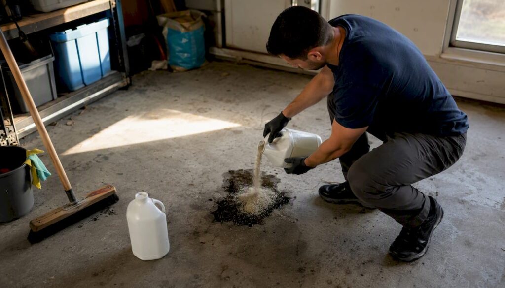 Hands spreading absorbent on fresh garage oil stain