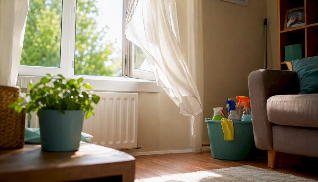 Open window with curtains and thermostat indoors
