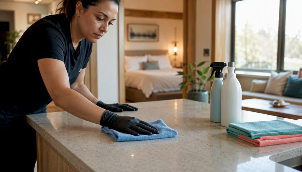 Cleaning professional spraying disinfectant on counter