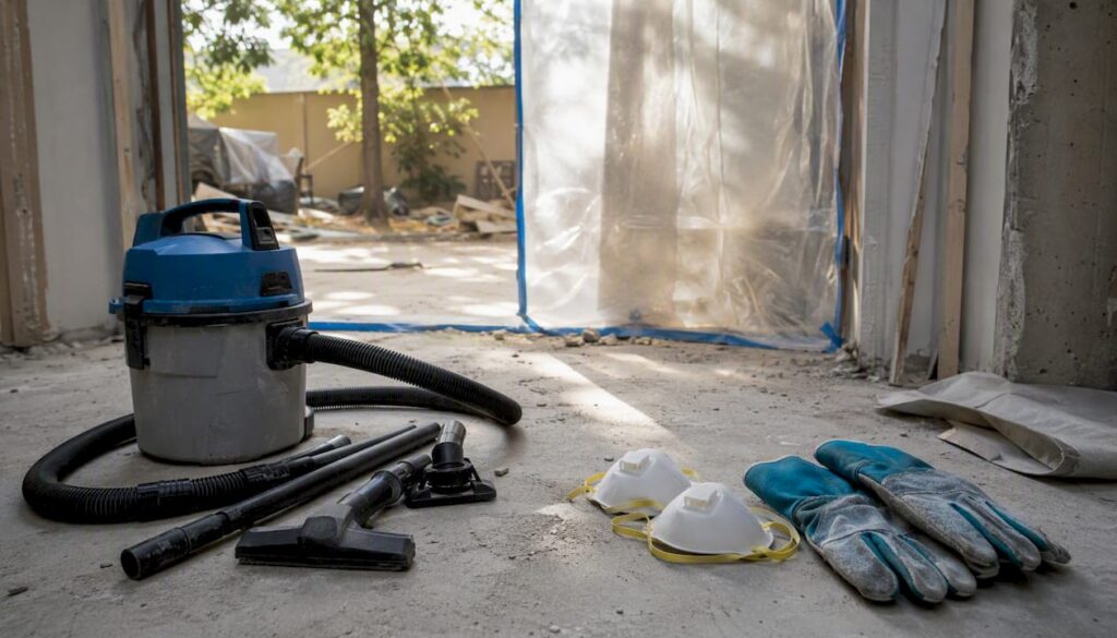 Protective gear and HEPA vacuum on dusty floor