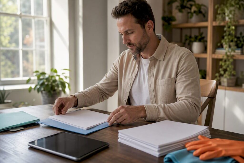 Cleaning business owner arranging insurance papers