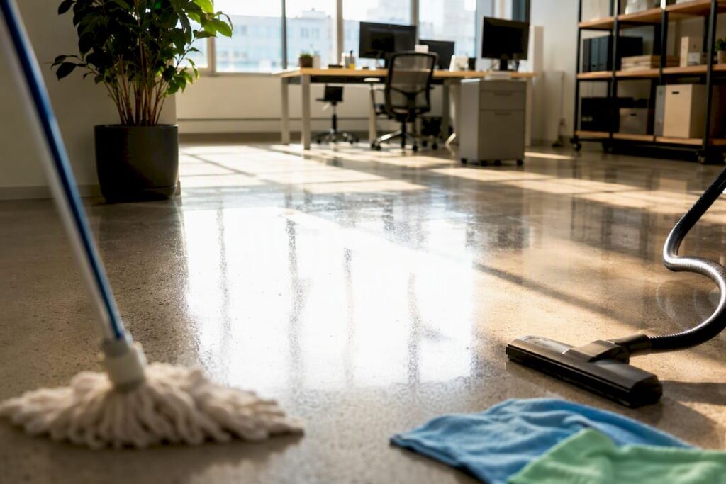 Clean office floor with partial cleaning tools