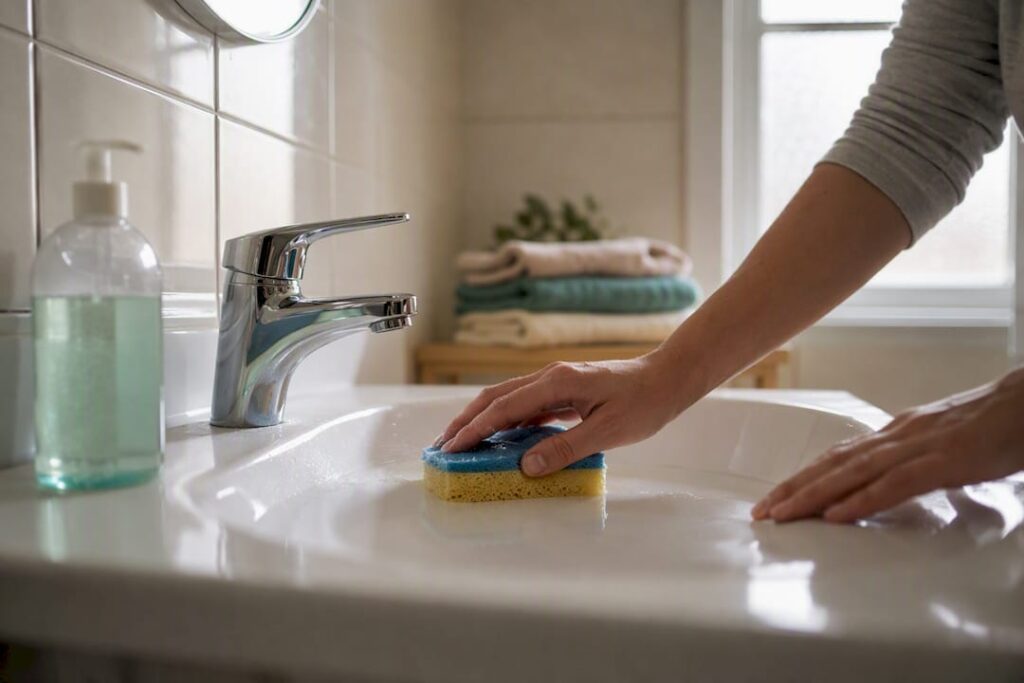 Hands wiping kitchen countertop with disinfectant spray
